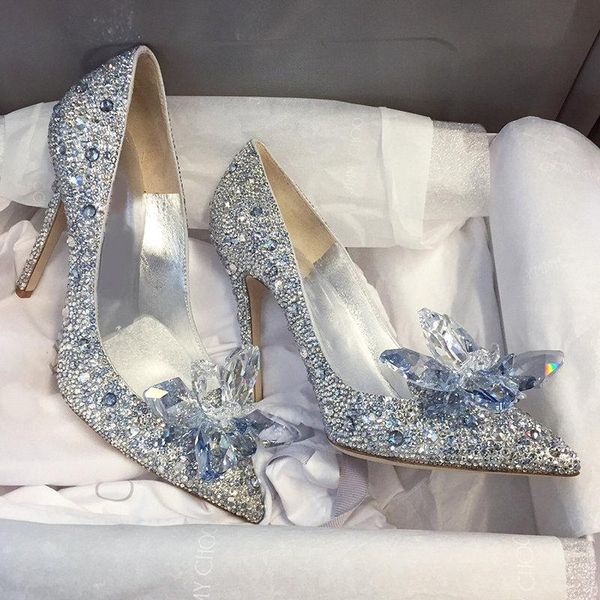 2020 rhinestone high heels cinderella shoes women pumps pointed toe woman crystal party wedding shoes 5cm/7cm/9cm heels, Black